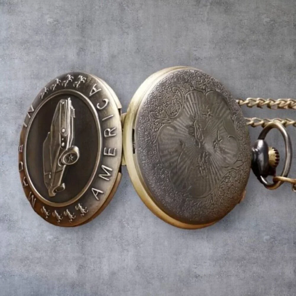 Pocket Chain Watch Mustang Car Flip Open Bronze Tone Quartz Second Hand